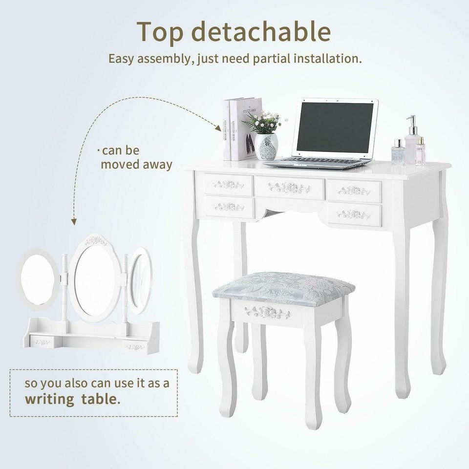 White Tri-Folding Mirror Vanity Set 7 Drawers Dressing Table Makeup Desk Stool