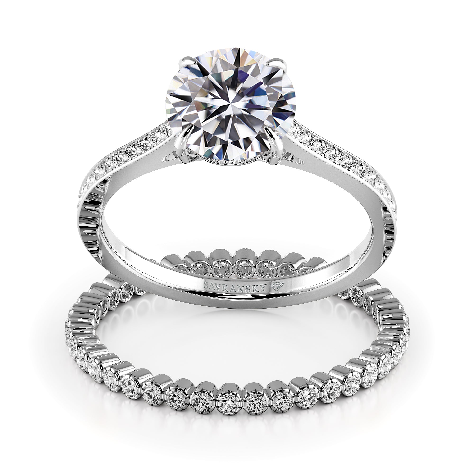 Round Brilliant Cut Hidden Halo Cathedral Engagement Ring Bridal Set - 400