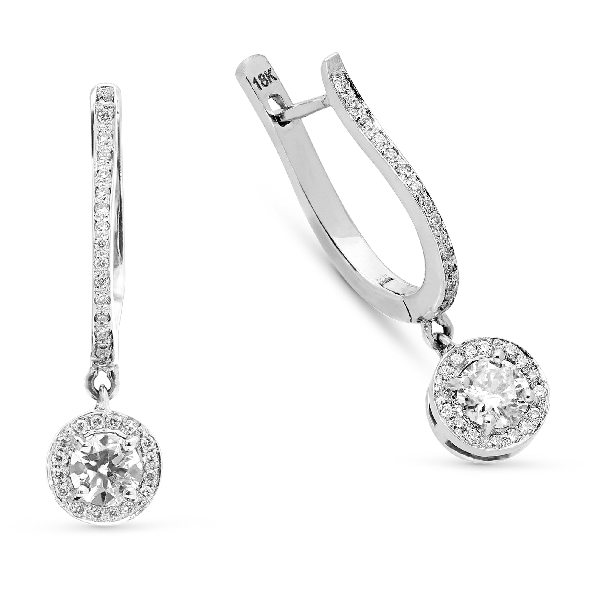 White Gold Halo Diamond Drop Earrings - 1.2 Carat