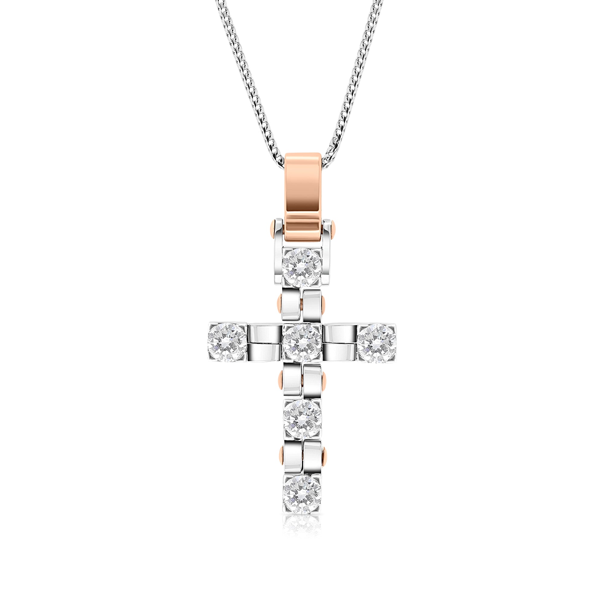 White & Rose Gold Diamond Cross Pendant - 3 Carat