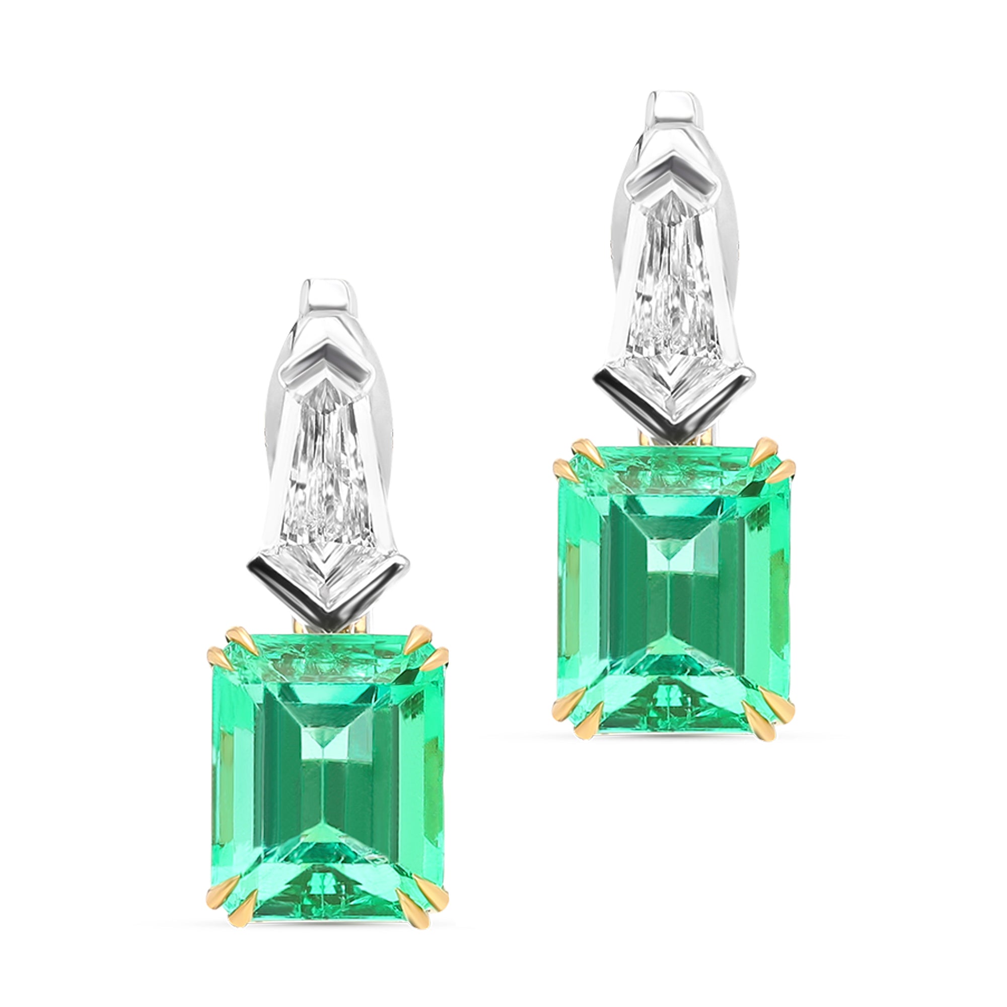 Green Emerald and Diamond White and Yellow Gold Drop Earrings -5 Carat