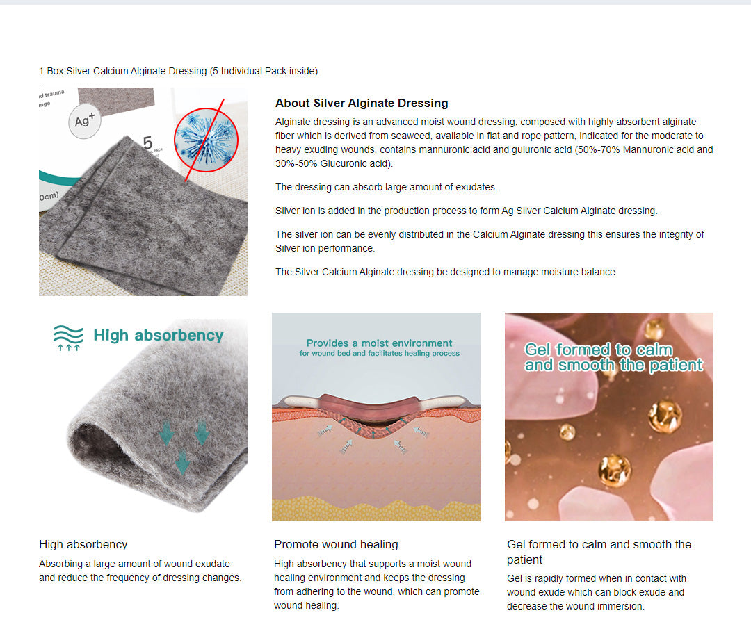 About Silver Alginate Dressing: High absoroency, Promote wound healing Gel formed to calm and smooth the patient