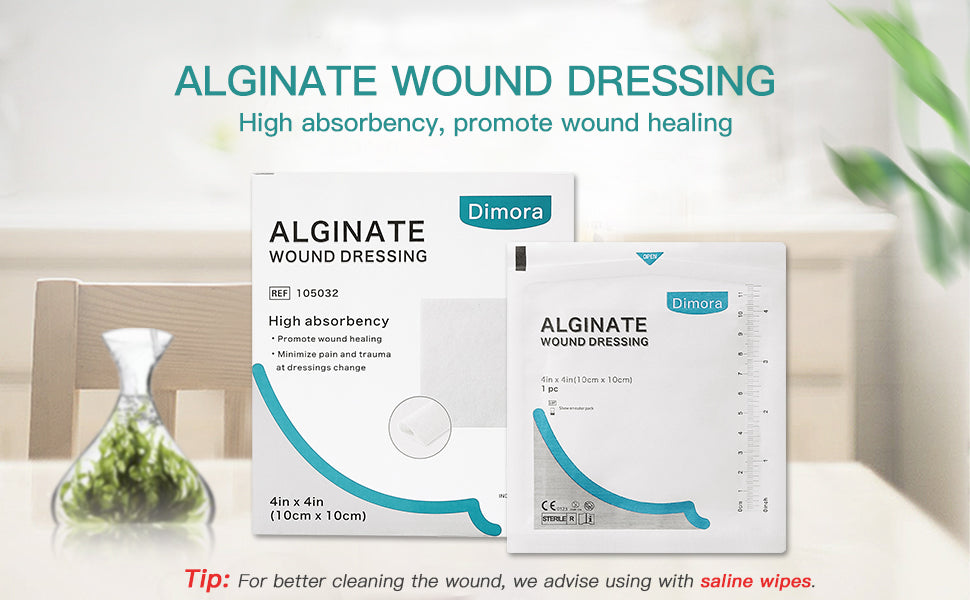 Dimora Calcium Alginate Wound Dressing, 4'' x 4'' Patches,10 Individual Sterile Pads, Soft and Highly Absorbent Dressing Gauze, Non-Stick Padding using tips