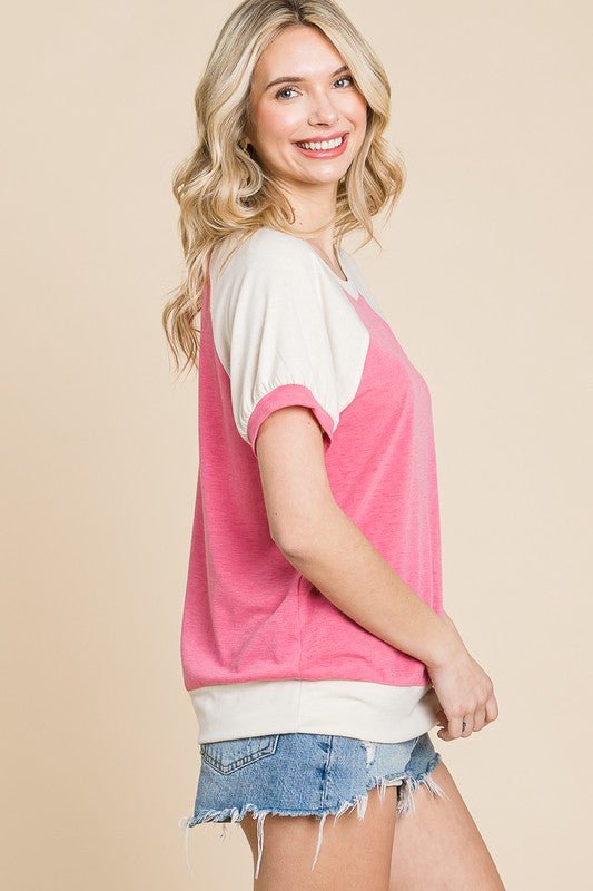 Pink Color Block Short Sleeve Top