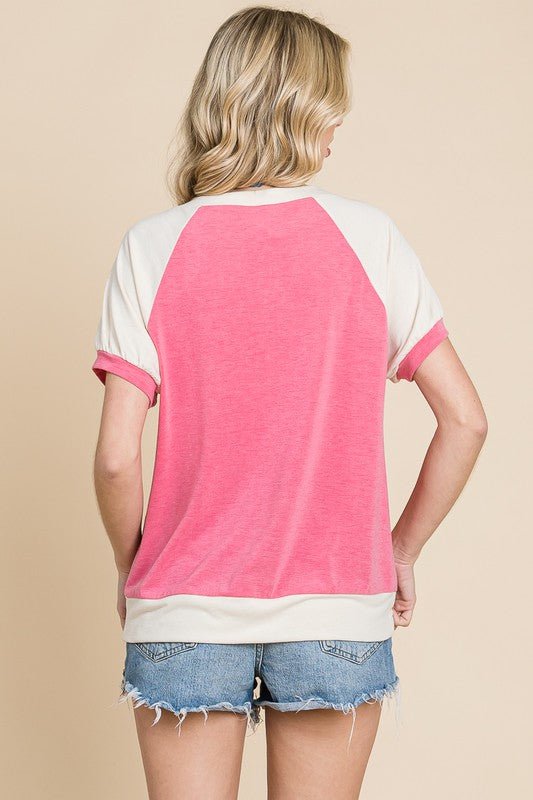 Pink Color Block Short Sleeve Top
