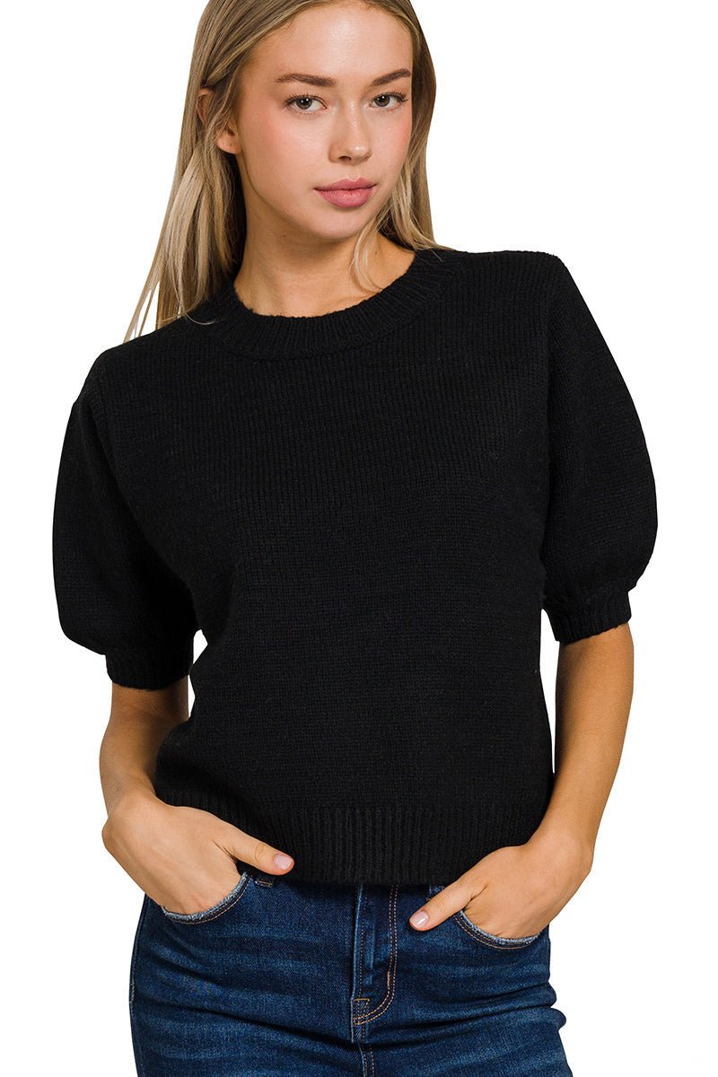 Knitted Puff Short Sleeve Sweater - Black