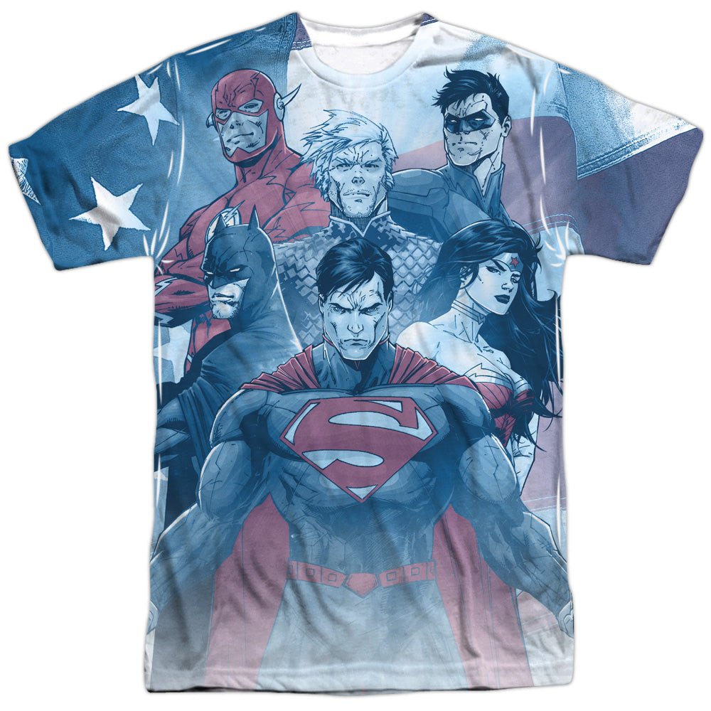 Justice League United in Front of Flag Adult Regular Fit Short Sleeve Shirt