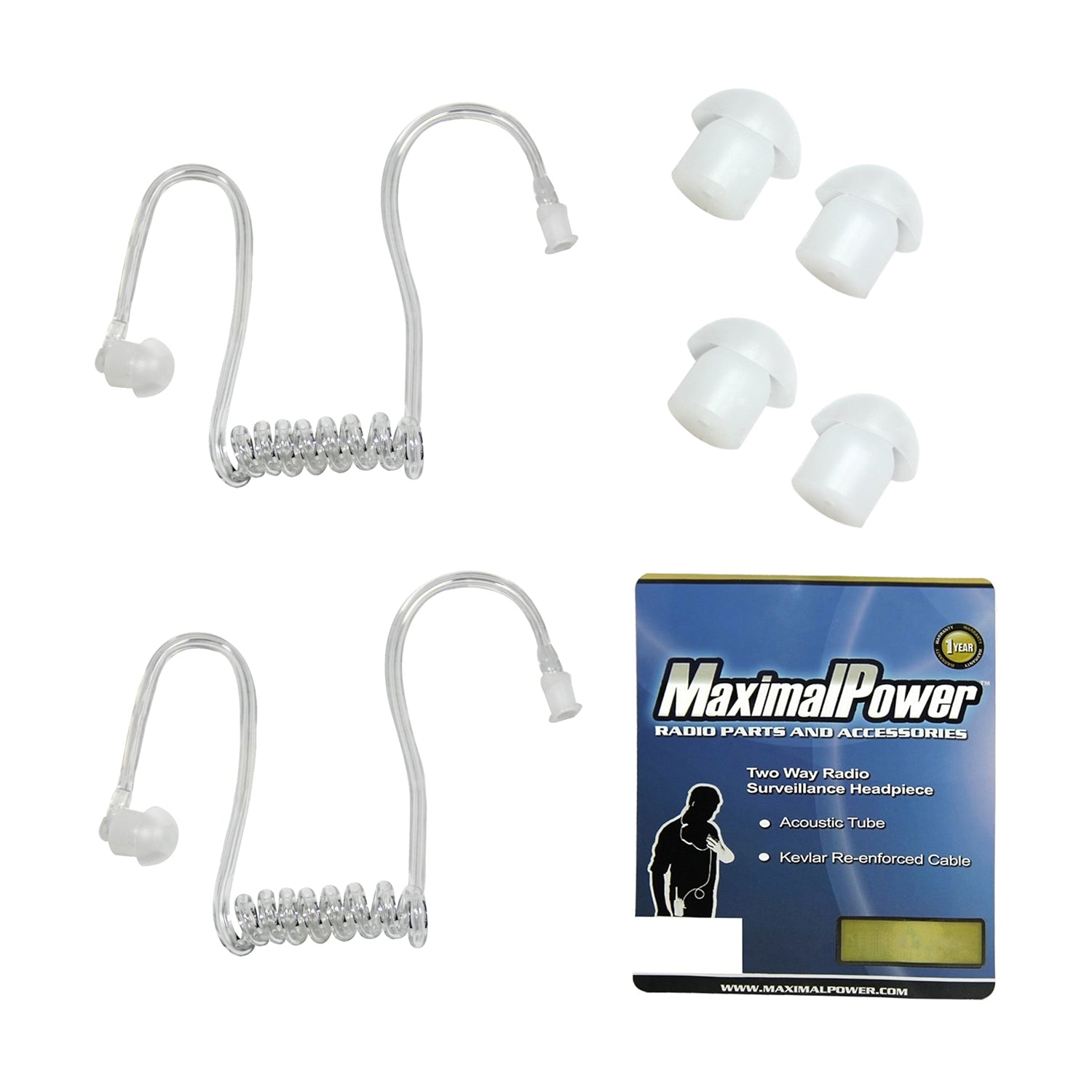 MaximalPower High Quality Acoustic Tube Earpiece Surveillance Kit with PTT and with Kevlar Enforcement In The Cable for Motorola 2 Pin Plug w/ Clear Coil Tube with Earmold Pair Combo Bulk