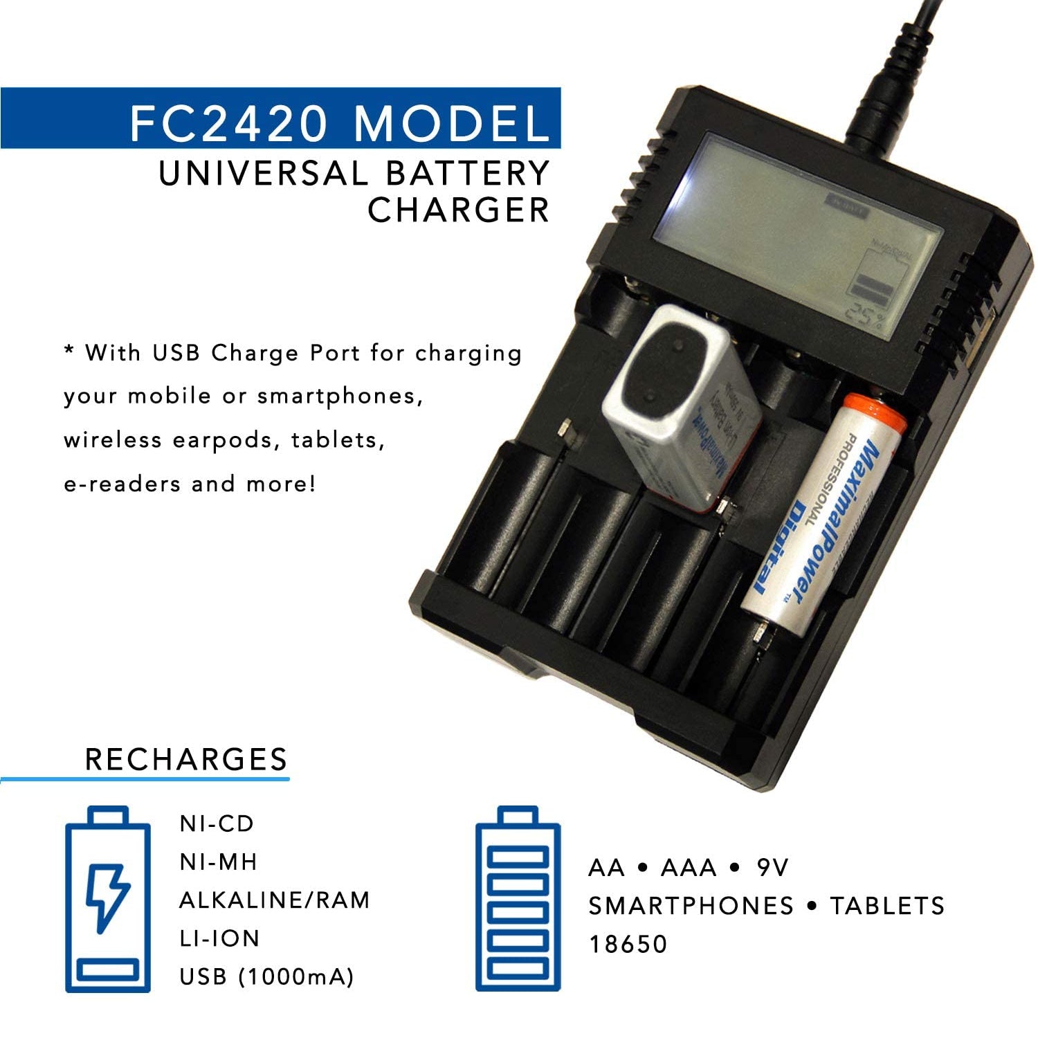 ALL-IN-ONE Universal Battery Charger for AA, AAA, 9V, N, RCR123, 18650, Ni-MH, Ni-CD (Small Adapter Version)