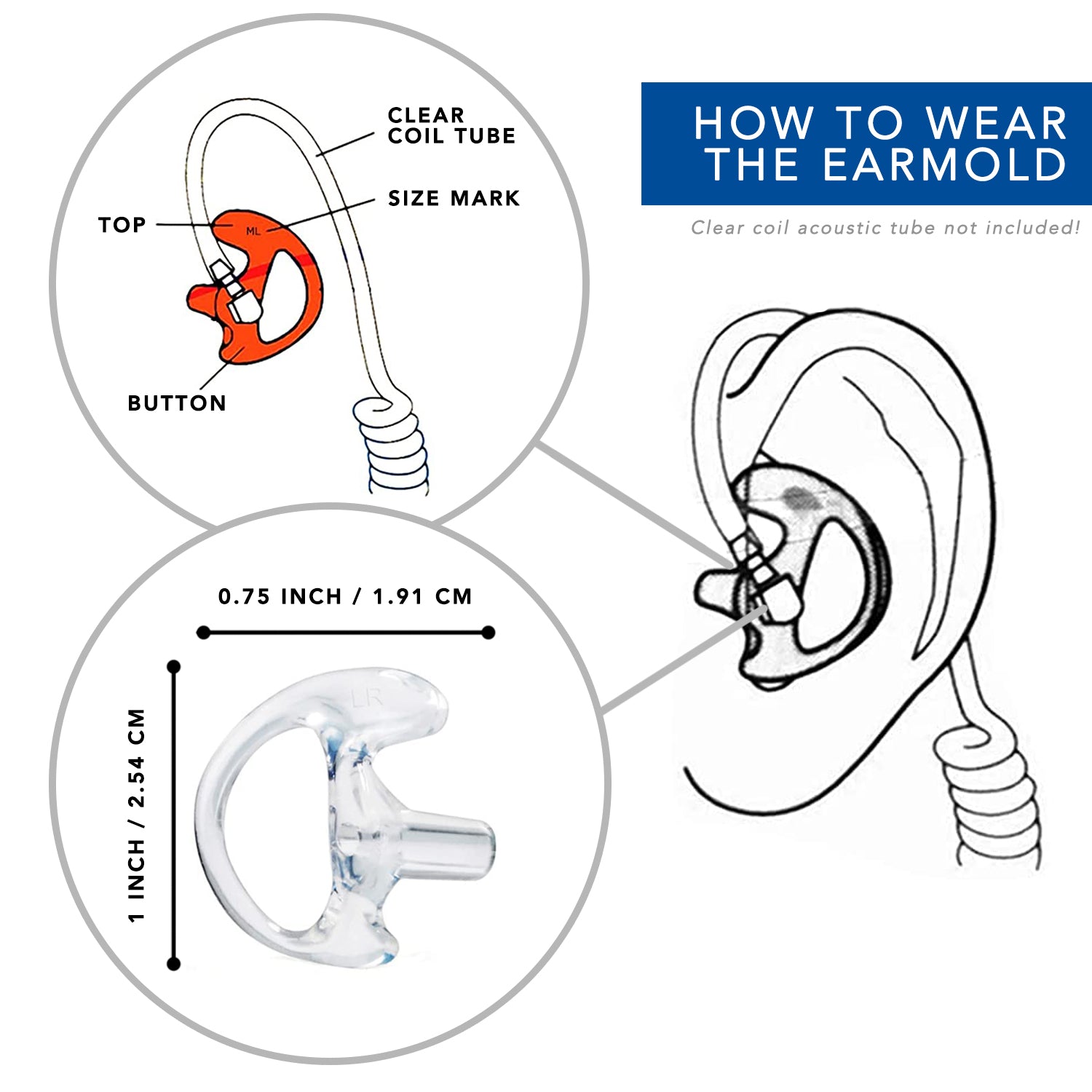 Clear RIGHT Medium Replacement Earmold Earbud for Two-Way Radios