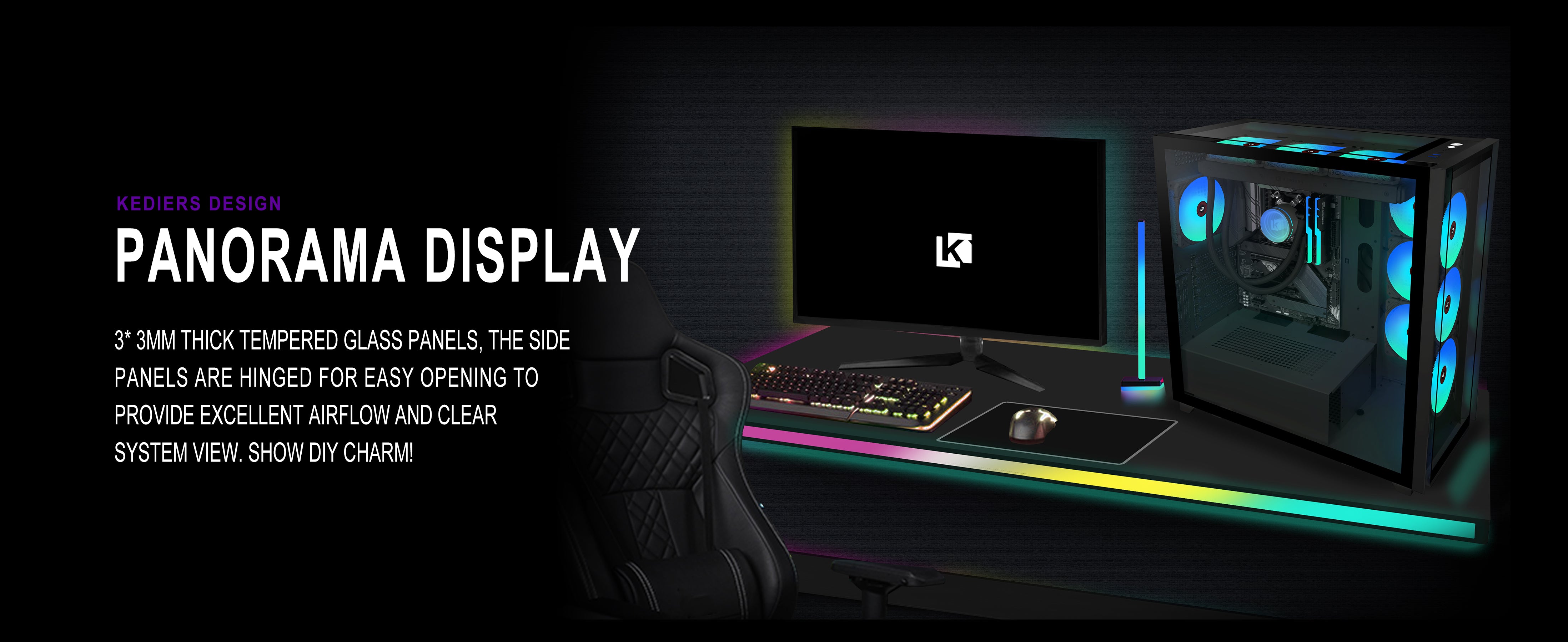 KEDIERS PC Case C700 EATX Tower 3*Tempered Glass Gaming Computer Ca