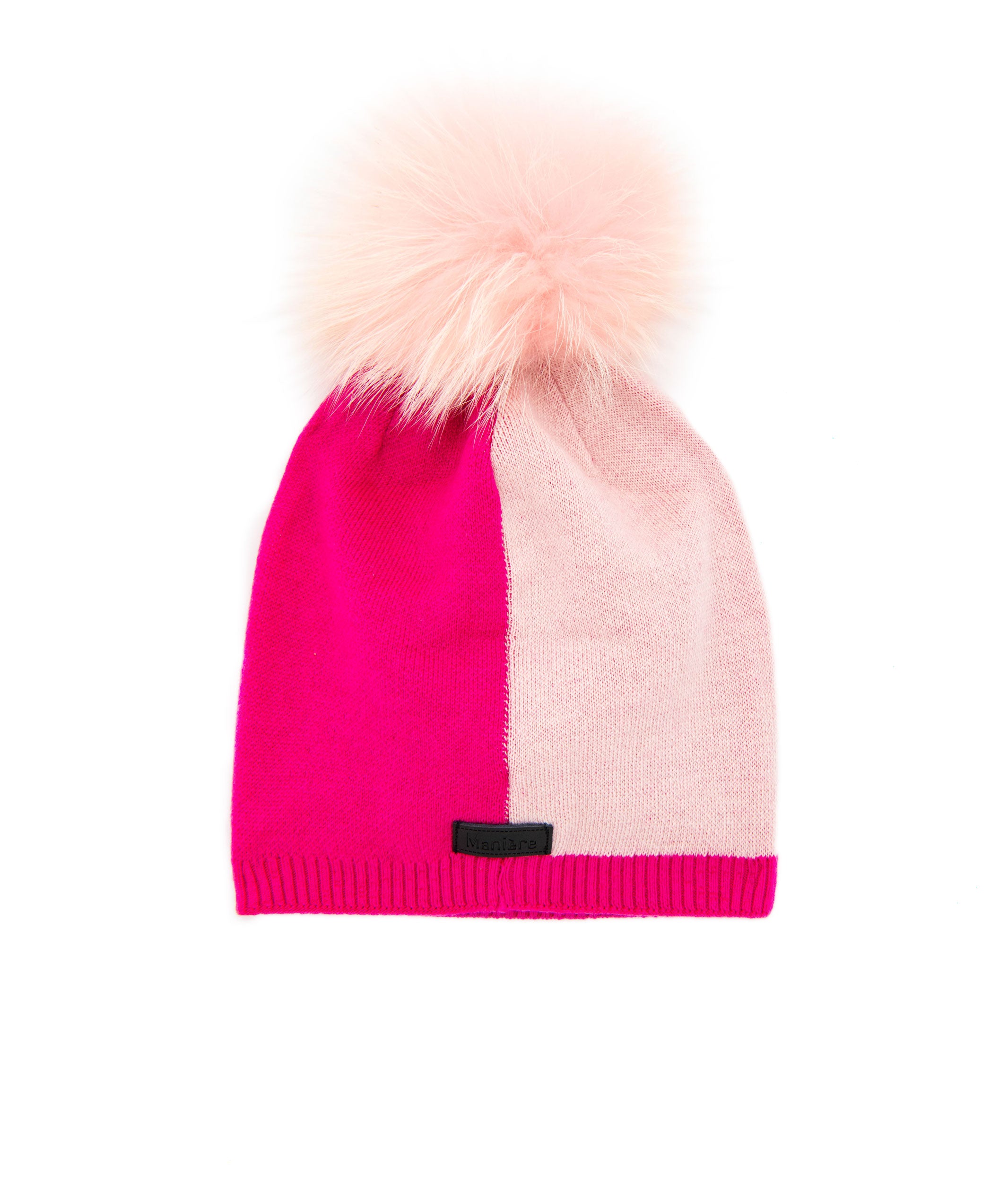 Maniere Pink Color Block Knit Hat With Pink Pom