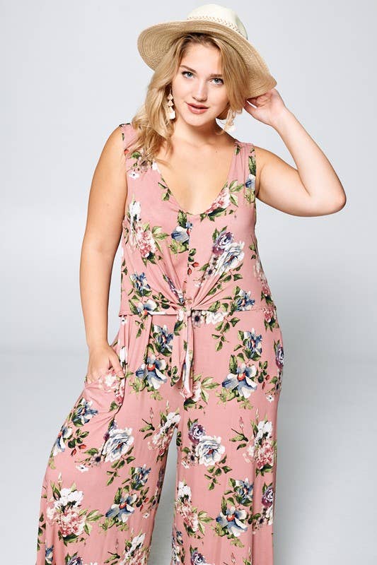 Plus Size Floral Jersey Front Knot Jumpsuit