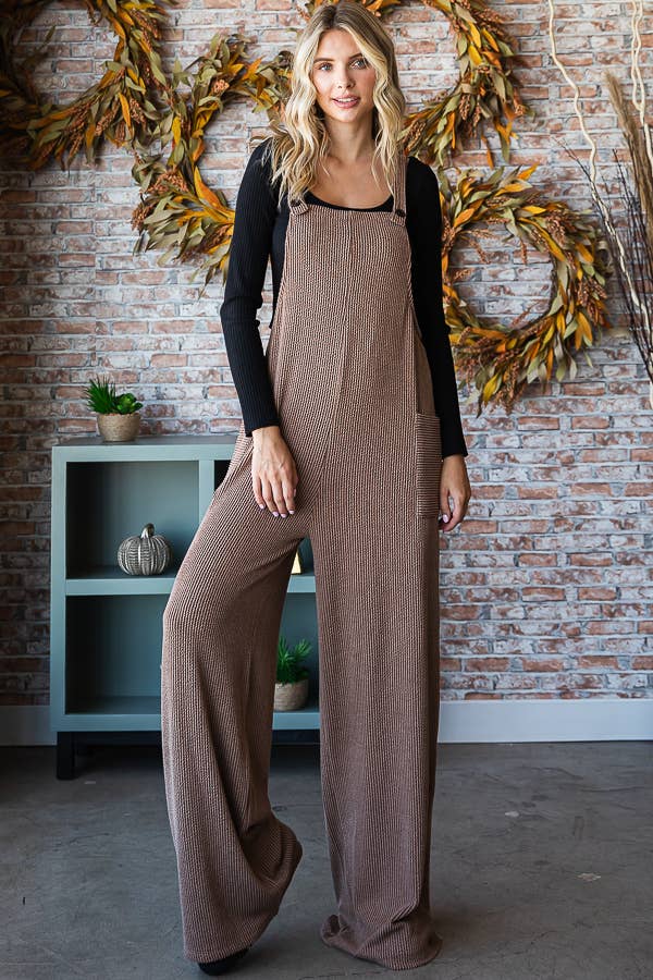 Chestnut Solid Ribbed Overall Jumpsuit