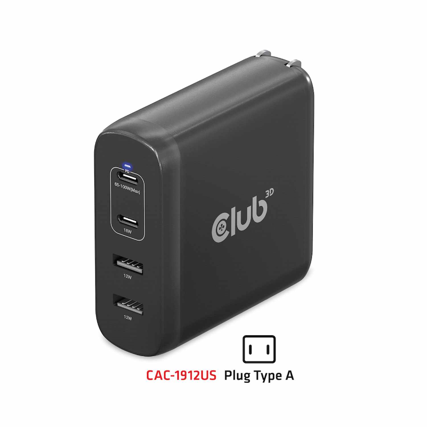 Club3D Travel Charger 100W GaN USB-A(2x) & USB-C(2x) Ports PD 3.0
