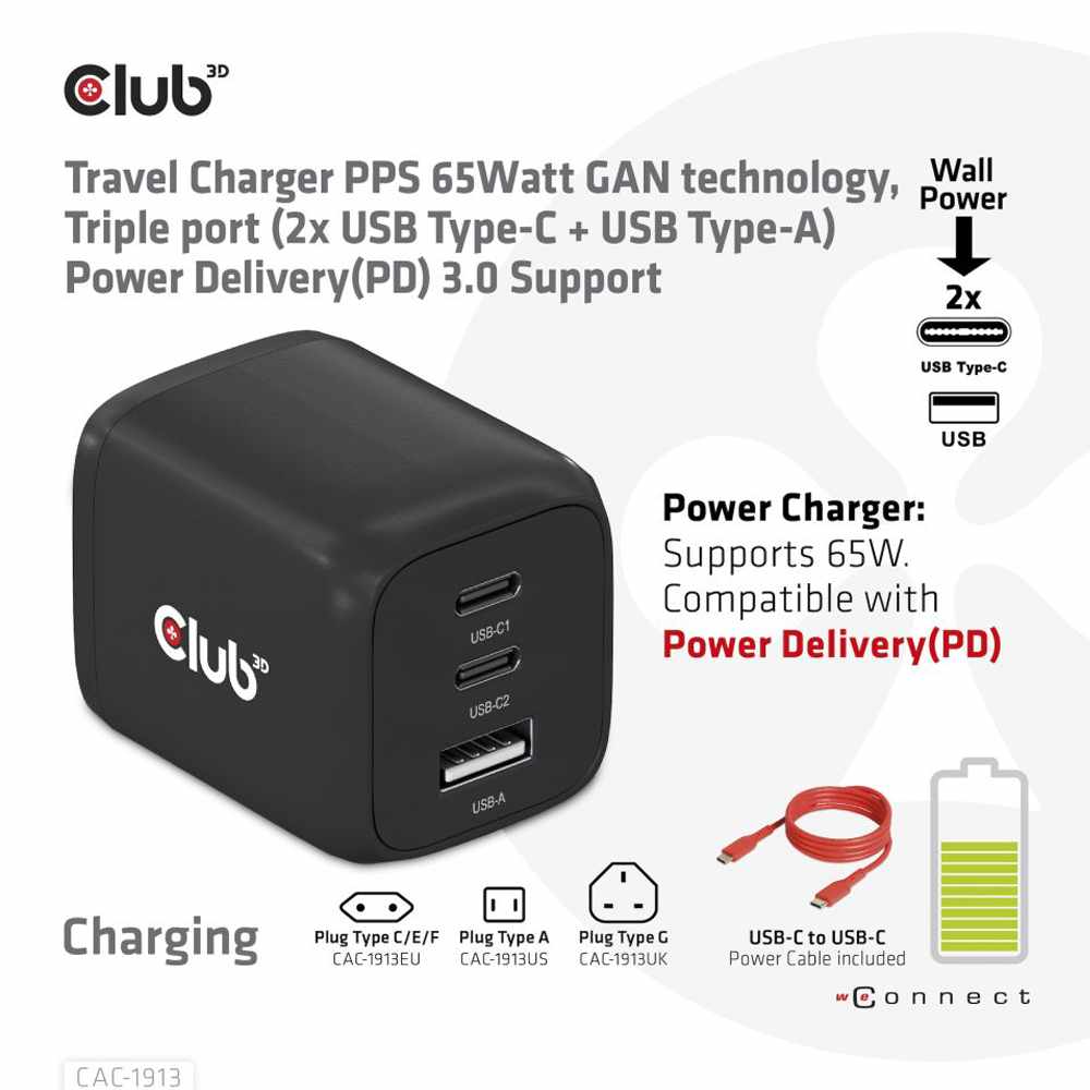 Club3D Travel Charger PPS 65W GAN Triple Port PD