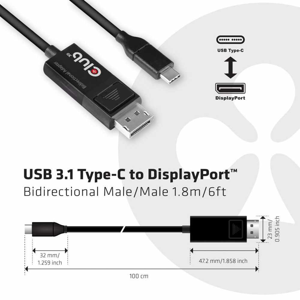 Club3D USB -C to DP 1.4 8K60Hz HDR 5.9ft Cable