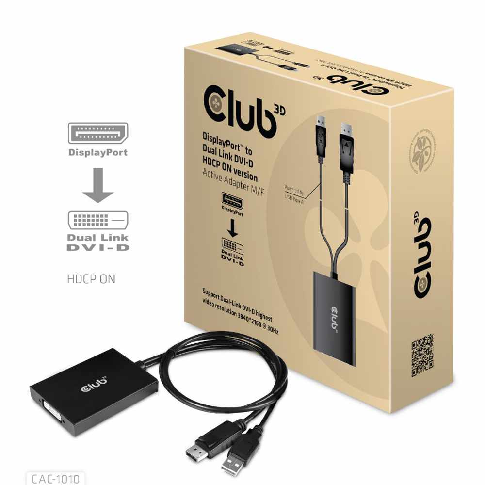 Club3D CAC1010 DisplayPort to Dual Link DVI-I Dual Link Active Adapter MAX RES 4K30HZ