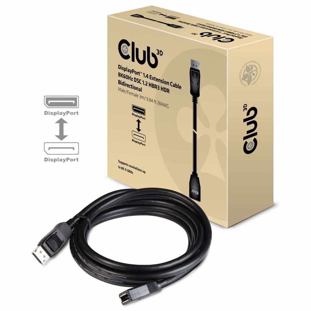 Club3D DisplayPort 1.4 Extension Cable 8K60HZ DSC 1.2 HBR3 HDR Bi-Directional M/F 3m/9.84ft