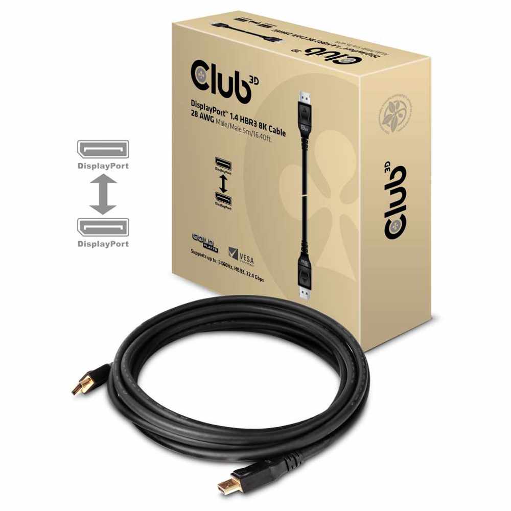 Club3D DisplayPort 1.4 HBR3 Cable M/M 5m/16.40ft 8K @60HZ 28AWG