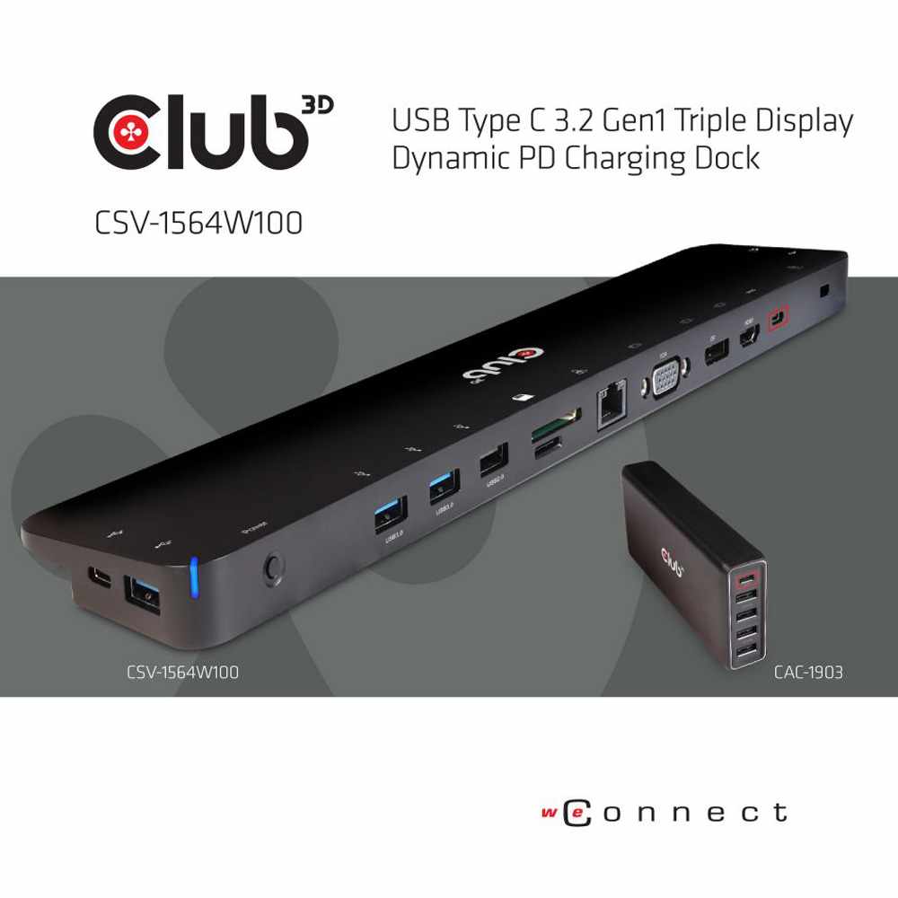 Club3D CSV1564W100 USB 3.2 Gen1 Type-C Triple Display PD Charging Dock