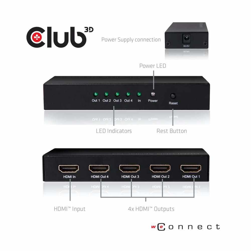 Club3D CSV1380 HDMI 4K60HZ 2.0 UHD Splitter 4 Ports