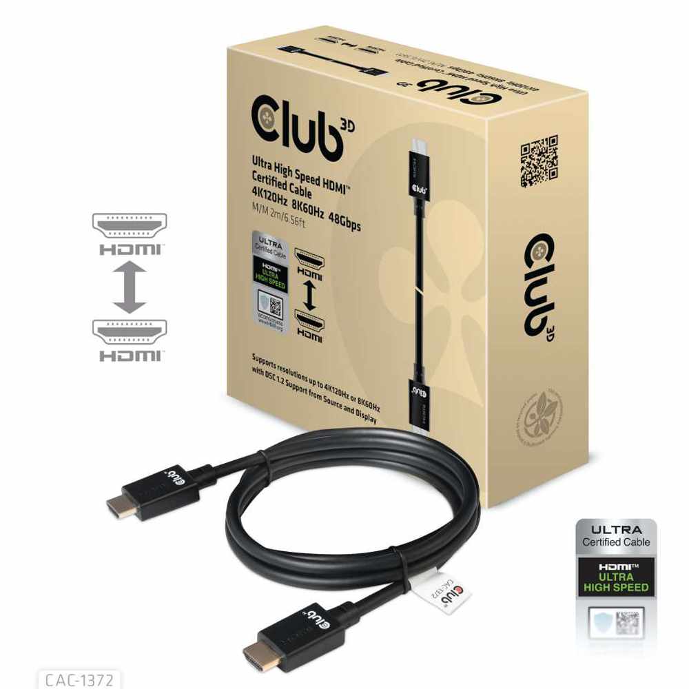 Club3D CAC1372 HDMI 2.1 Male to HDMI 2.1 Male Ultra High Speed 4K120HZ 8K60HZ 2m/6.56ft CERTIFIED