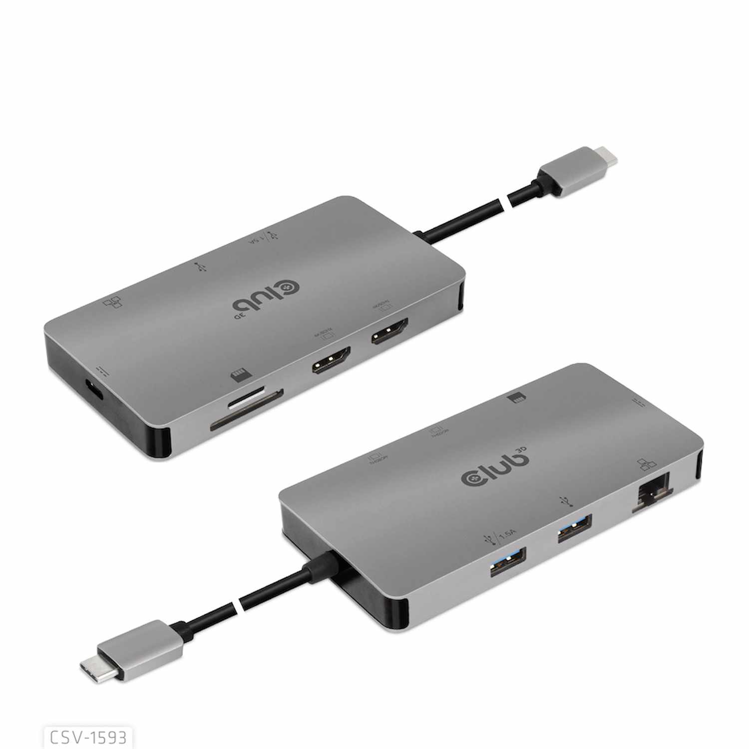 Club3D CSV1593 USB-C 3.2 Gen 1 8-in-1 Hub with 2X HDMI/2X USB/RJ45/SD/Micro SD Card Slots and USB-C Female Port