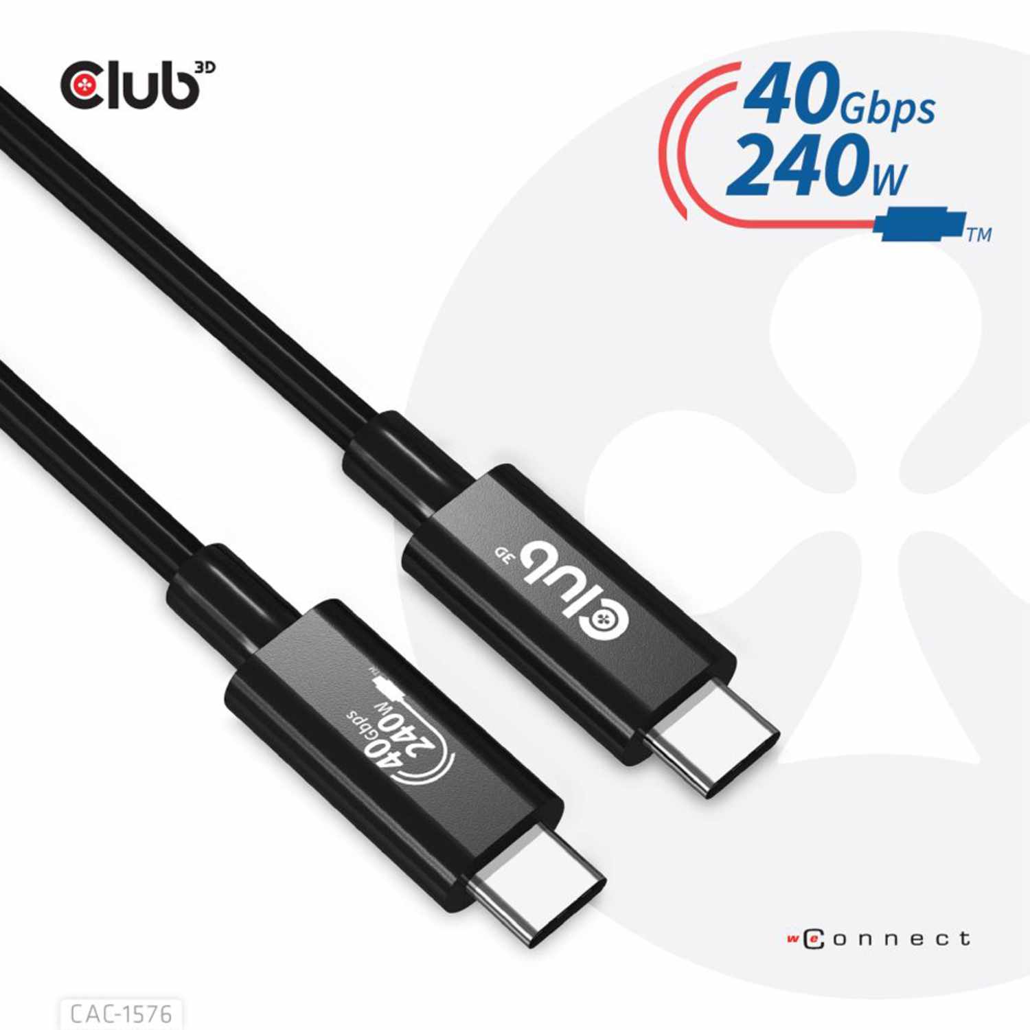 Club3D USB4 Gen3x2 Type-C Bi-Directional Cable 8K60Hz/Data 40Gbps/PD 240W (48V/5A) EPR M/M 3.28ft