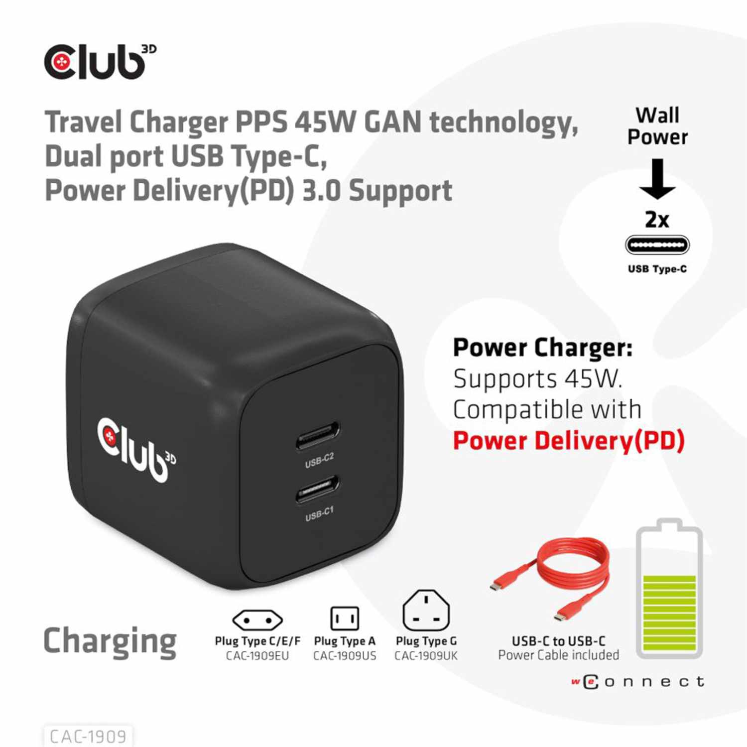 Club3D Travel Charger PPS 45W GAN Dual Port USB-C PD 3.0
