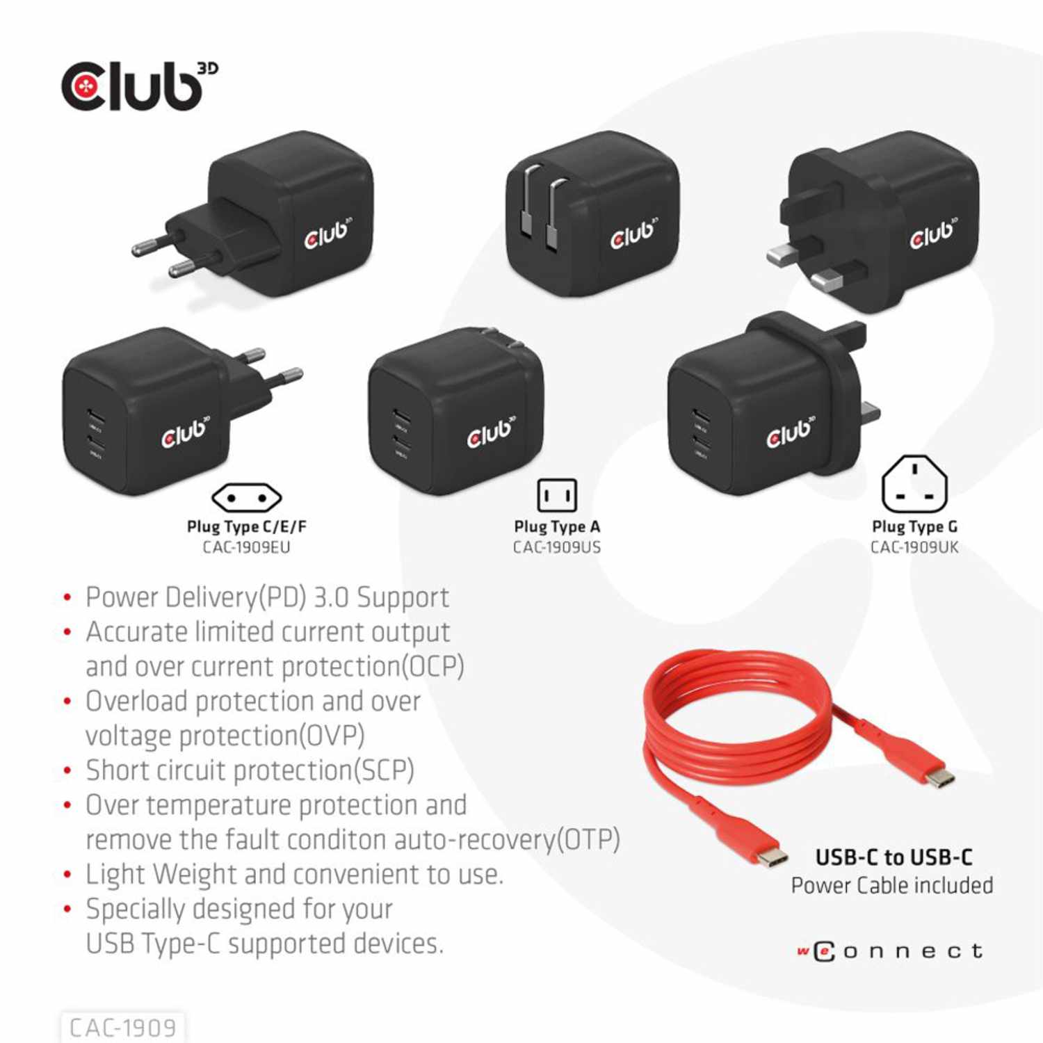 Club3D Travel Charger PPS 45W GAN Dual Port USB-C PD 3.0