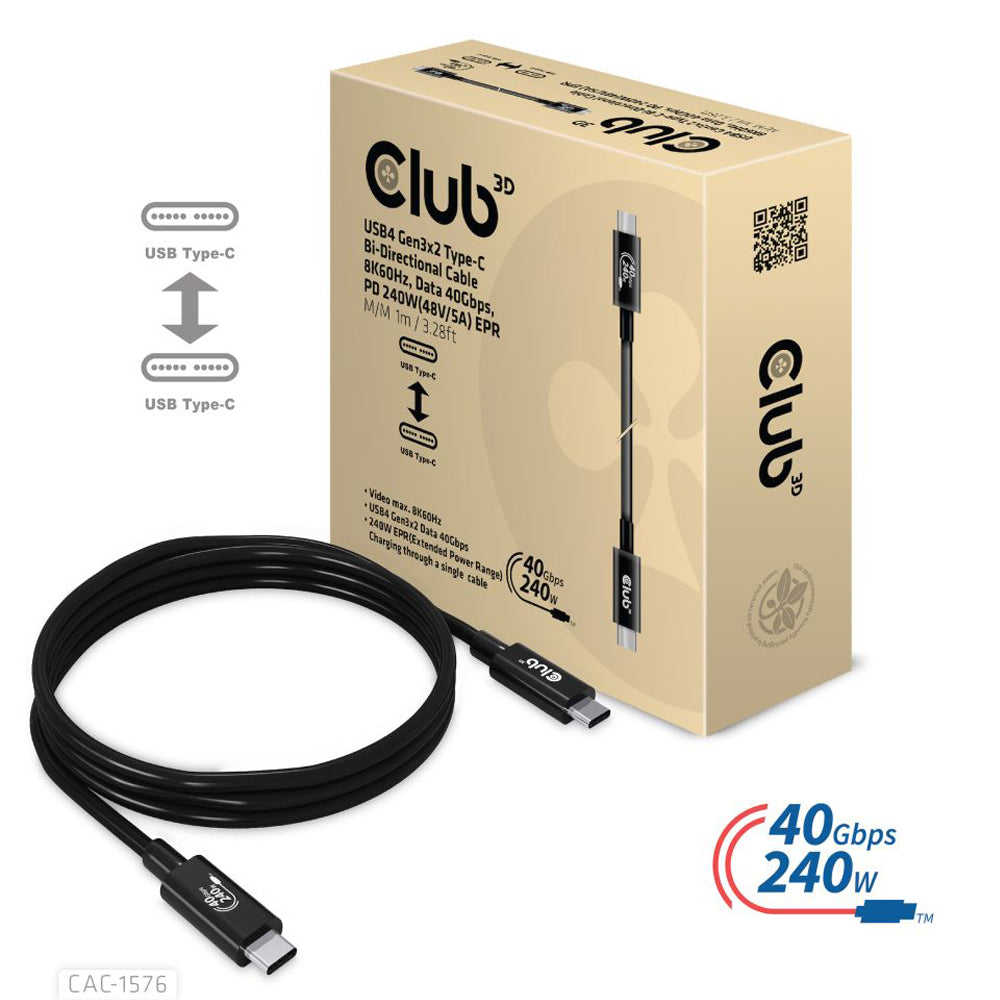 Club3D USB4 Gen3x2 Type-C Bi-Directional Cable 8K60Hz/Data 40Gbps/PD 240W (48V/5A) EPR M/M 3.28ft