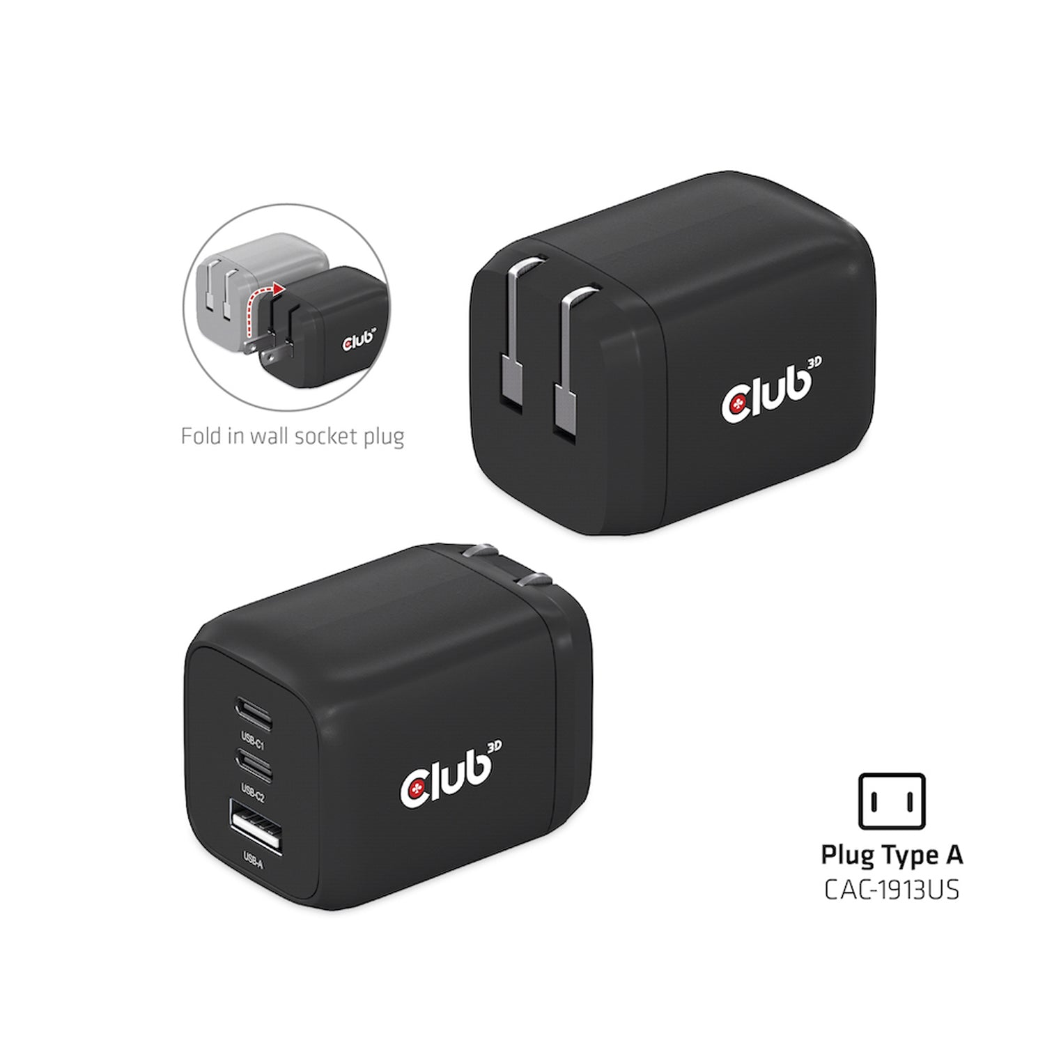 Club3D Travel Charger PPS 65W GAN Triple Port PD