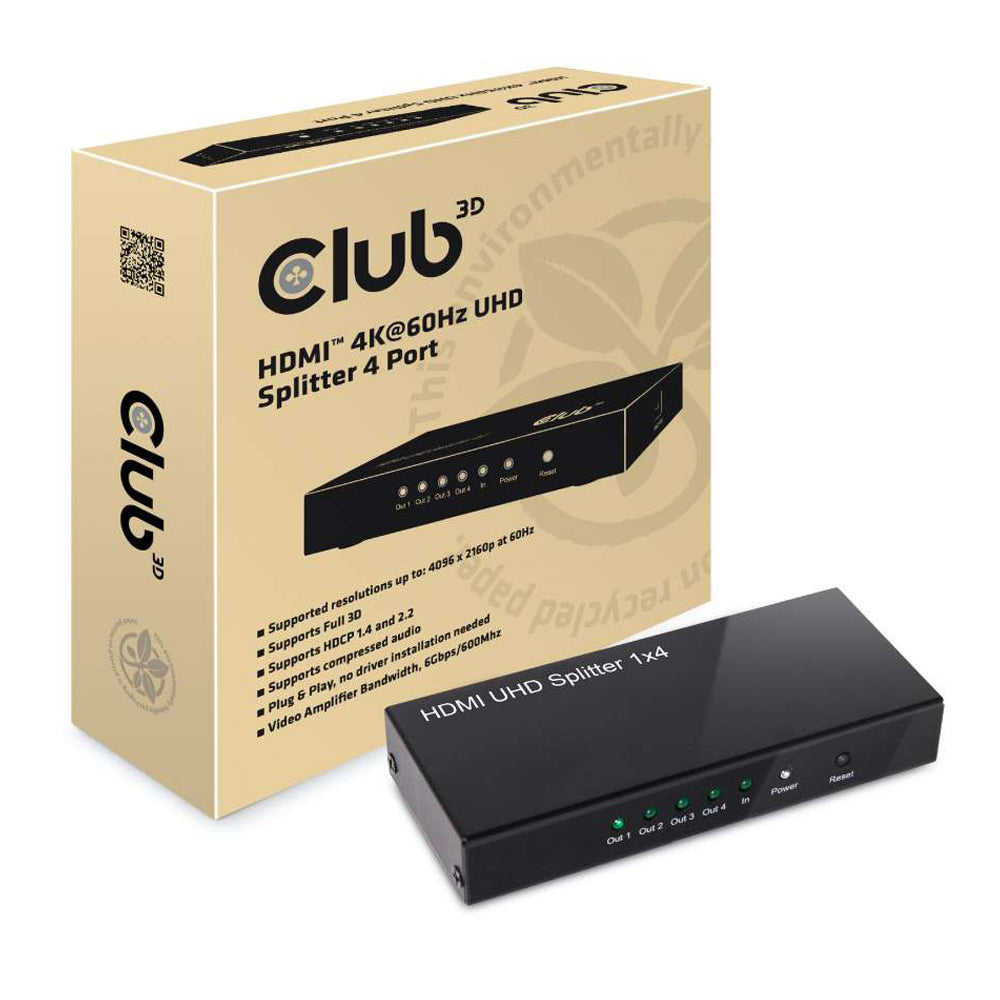 Club3D CSV1380 HDMI 4K60HZ 2.0 UHD Splitter 4 Ports