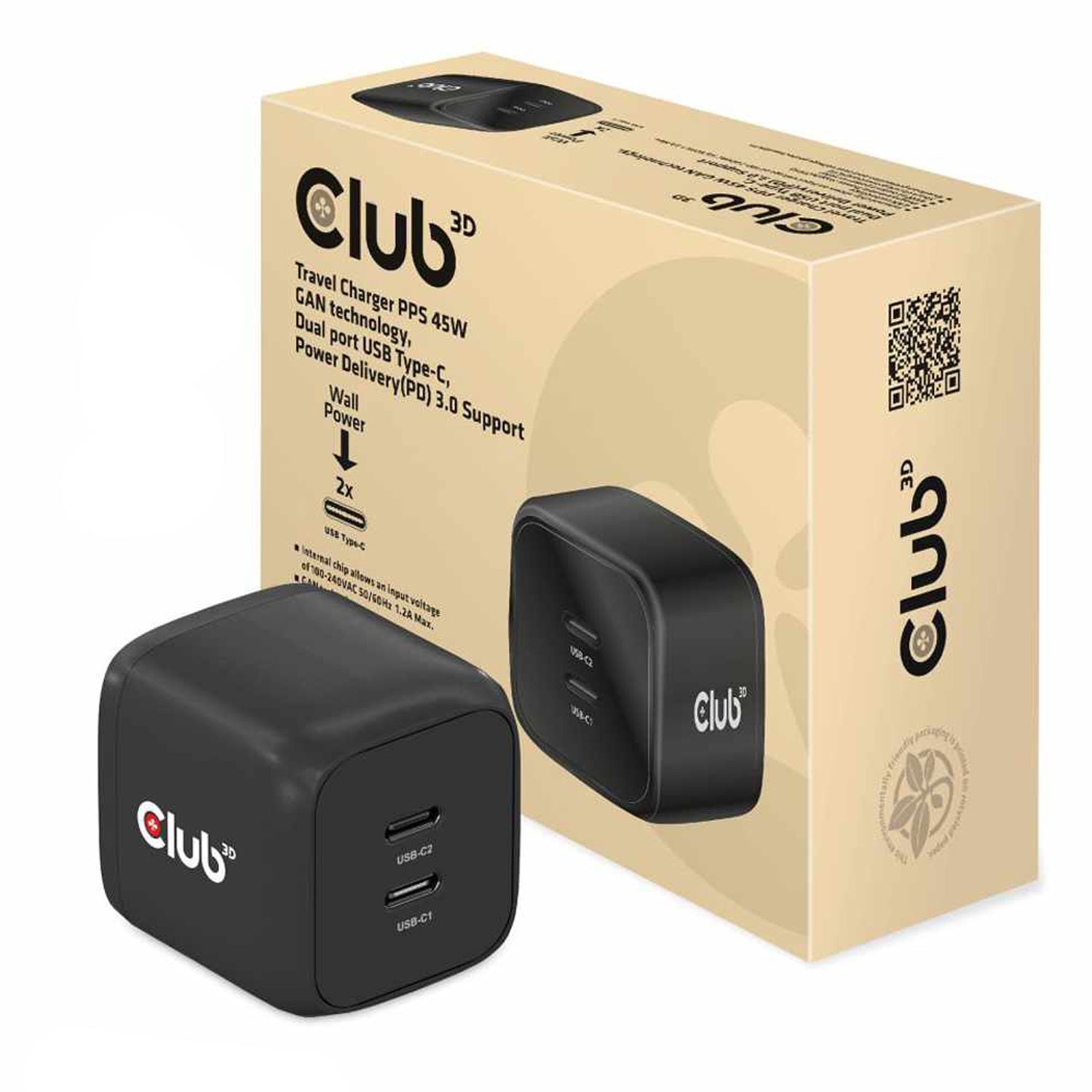 Club3D Travel Charger PPS 45W GAN Dual Port USB-C PD 3.0