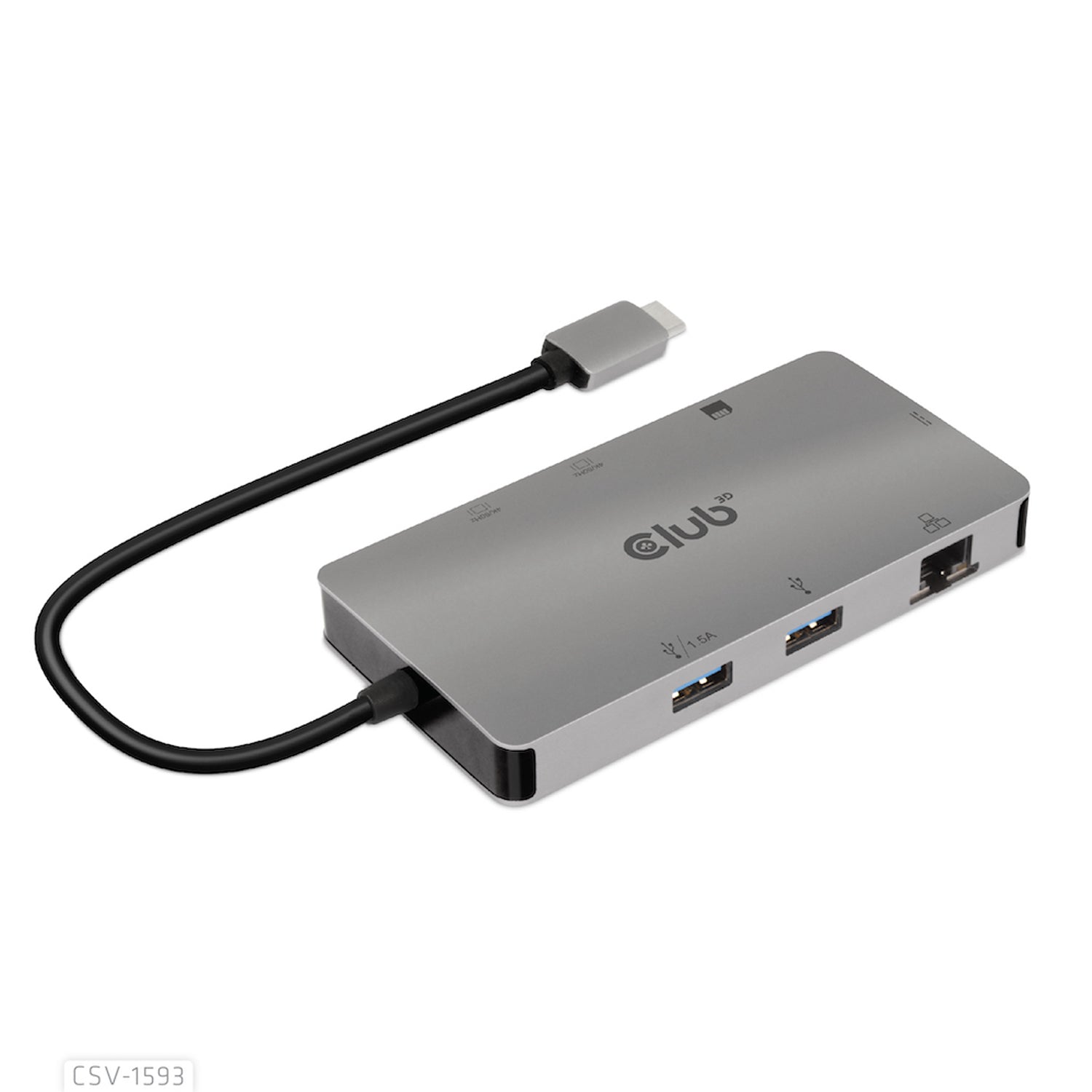 Club3D CSV1593 USB-C 3.2 Gen 1 8-in-1 Hub with 2X HDMI/2X USB/RJ45/SD/Micro SD Card Slots and USB-C Female Port