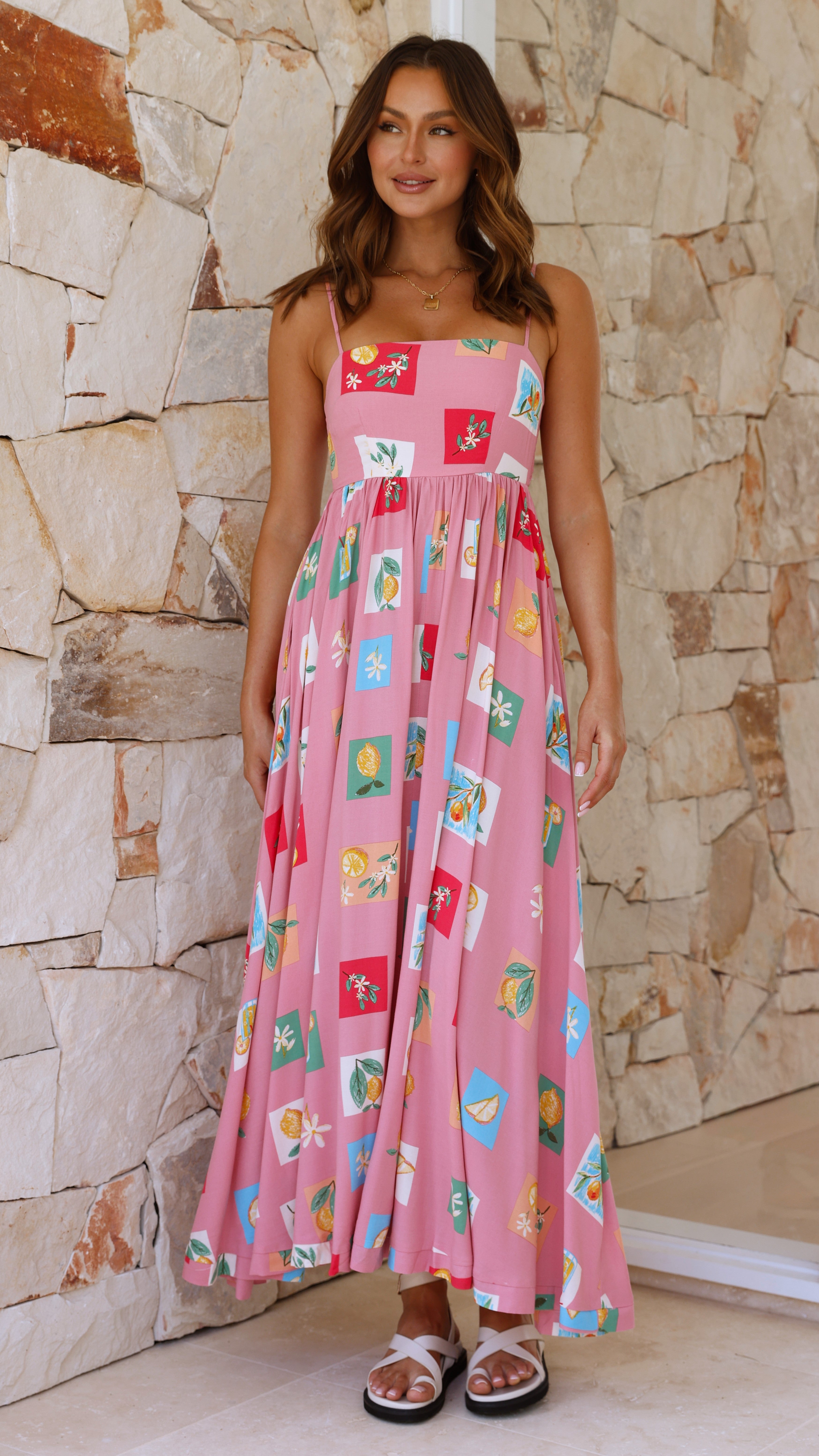 Idoya Maxi Dress - Pink / Lemon Print