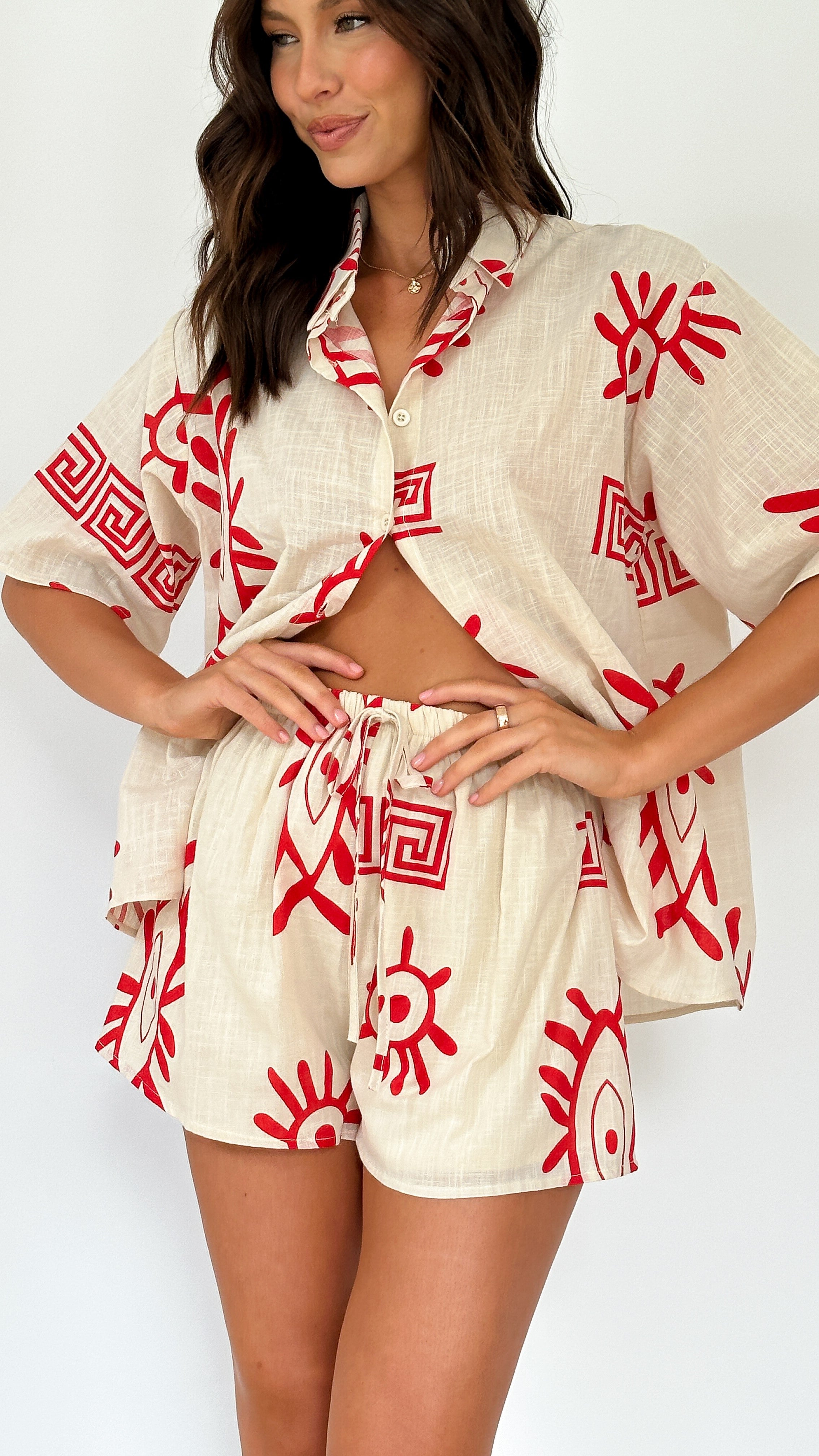 Charli Button Up Shirt and Shorts Set - Beige / Red Aztec Eye