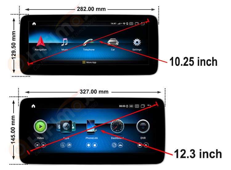 10.25 inch VS 12.3 inch Mercedes Benz android screen dimension comparison