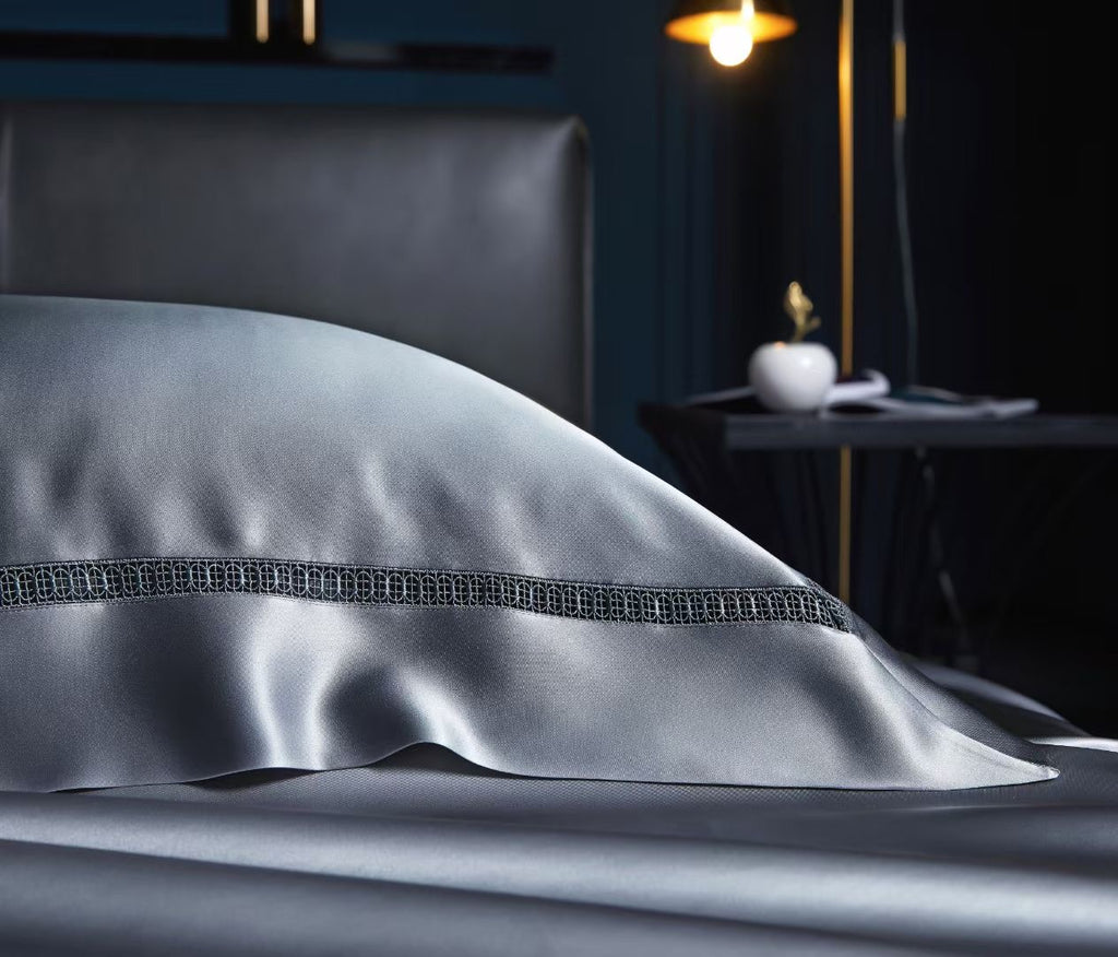 Bluish Gray 30 Momme Lace Silk Bedding