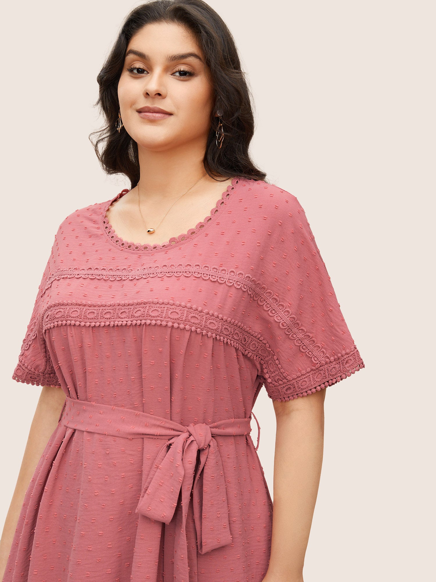Plain Texture Lace Trim Dolman Sleeve Belted Dress