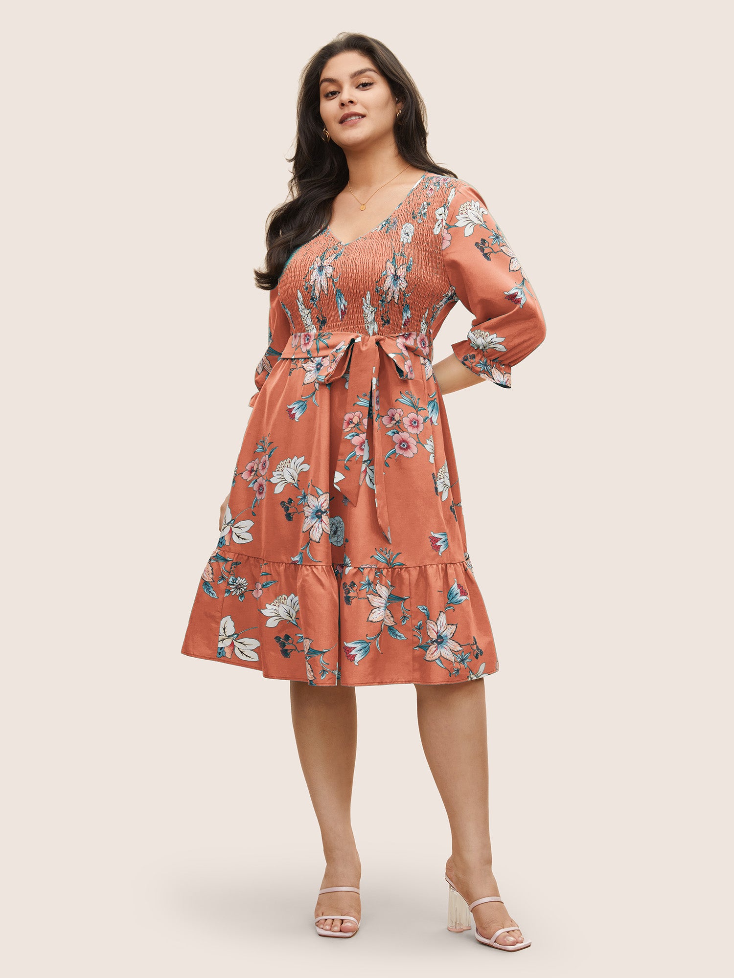 Floral Print Shirred Front Ruffle Sleeve Dress