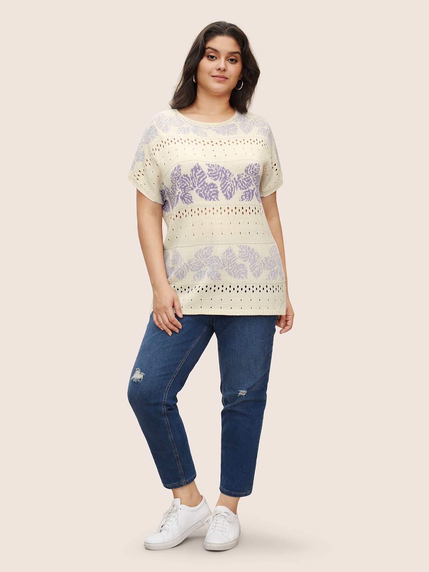 Leaves Print Dolman Sleeve Cut Out Sweater T-shirt
