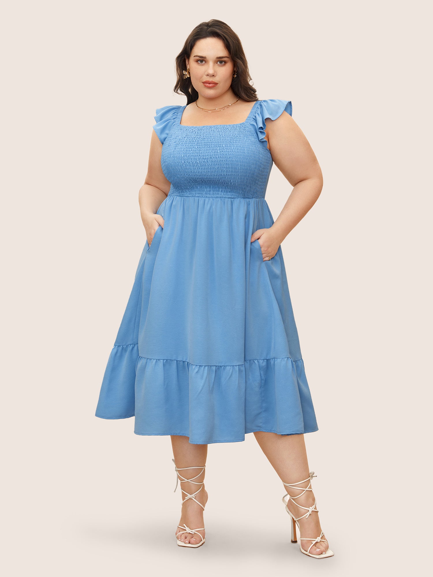Square Neck Solid Ruffles Shirred Dress