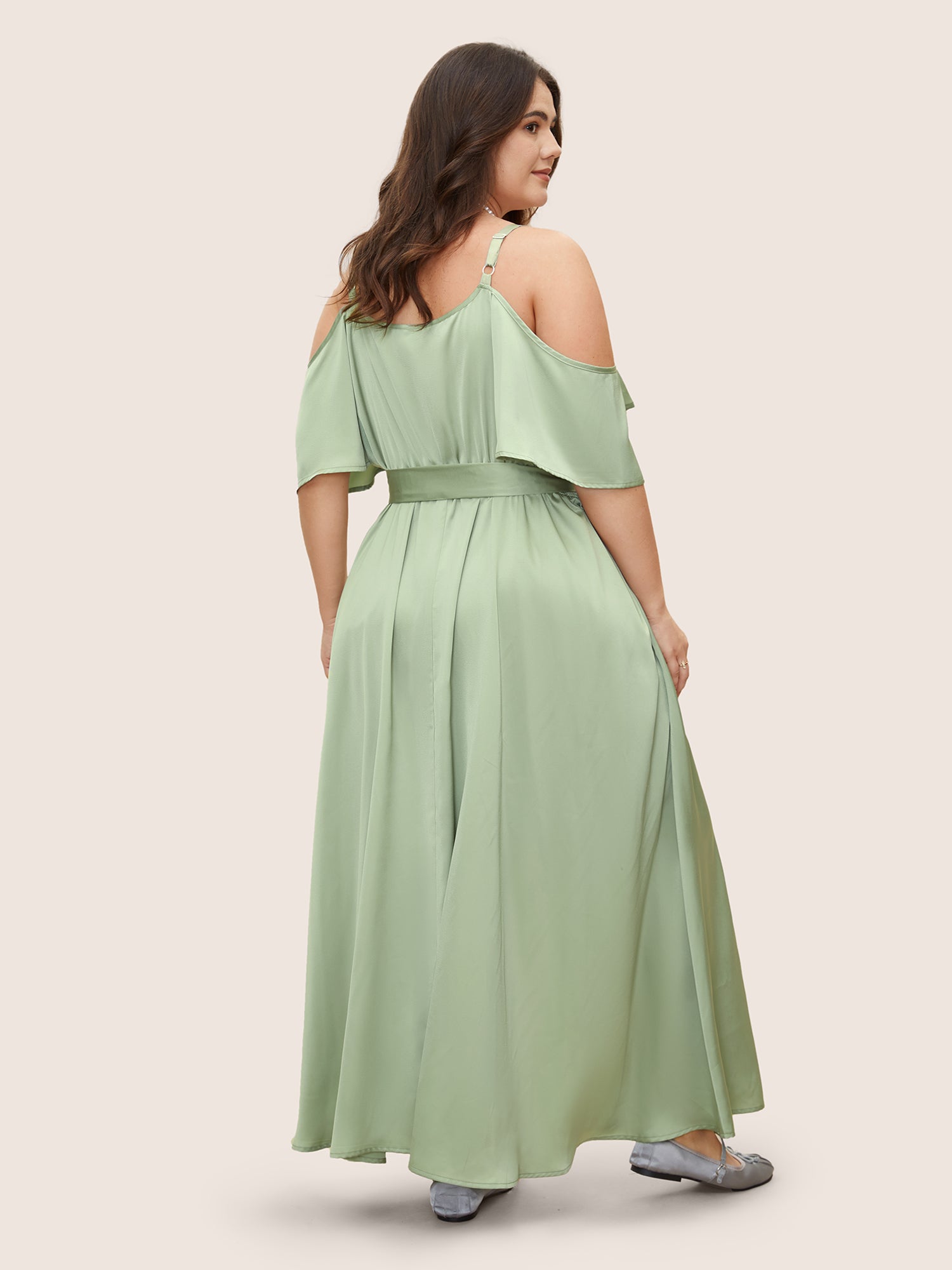 Solid Heart Neckline Satin Ruffle Sleeve Dress