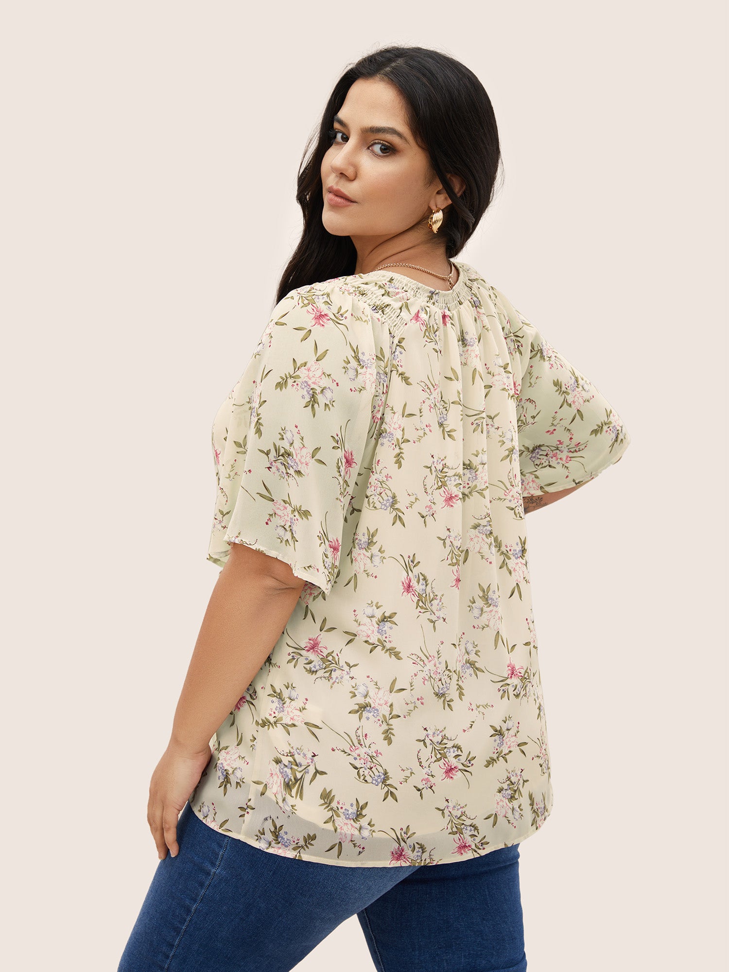 Floral Shirred Notched Flutter Sleeve Blouse