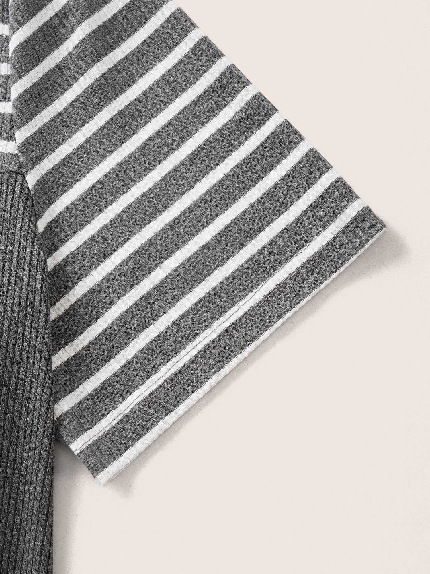 Striped Patchwork Button Detail Rib Knit T-shirt