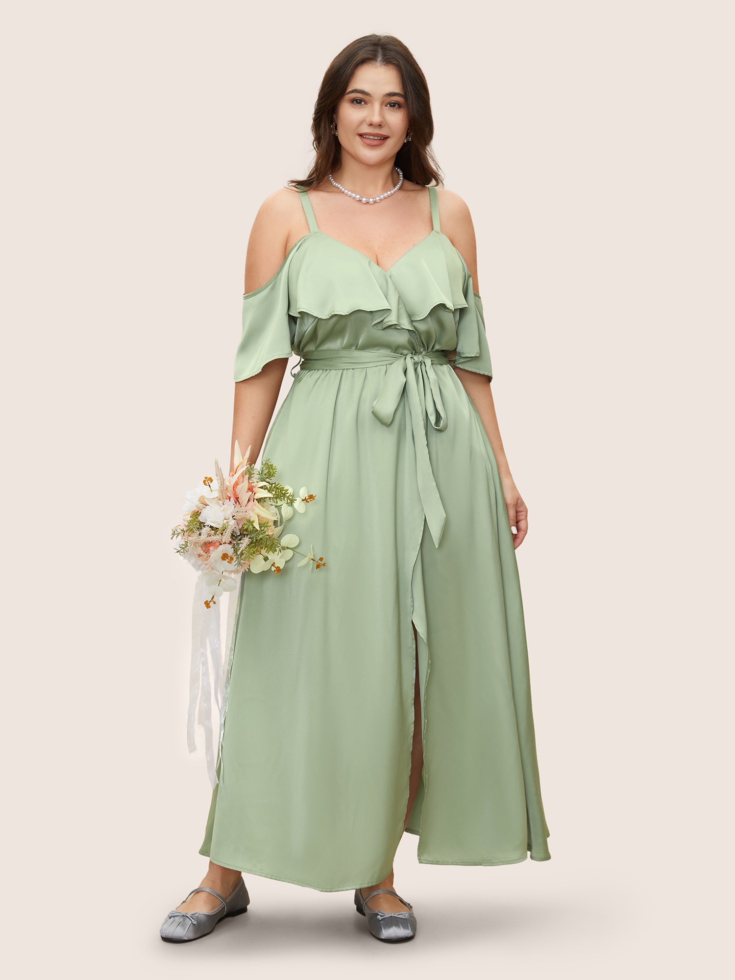 Solid Heart Neckline Satin Ruffle Sleeve Dress