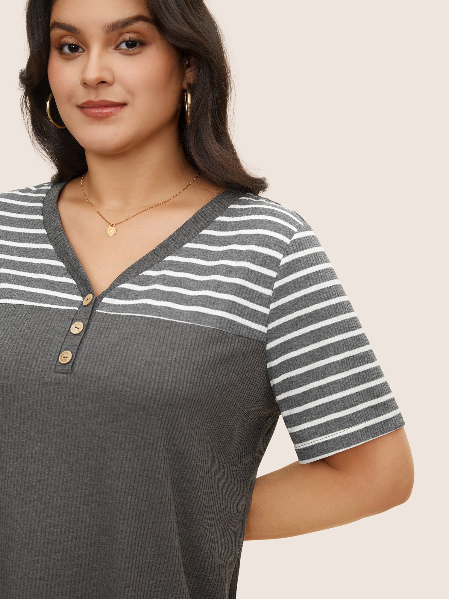Striped Patchwork Button Detail Rib Knit T-shirt
