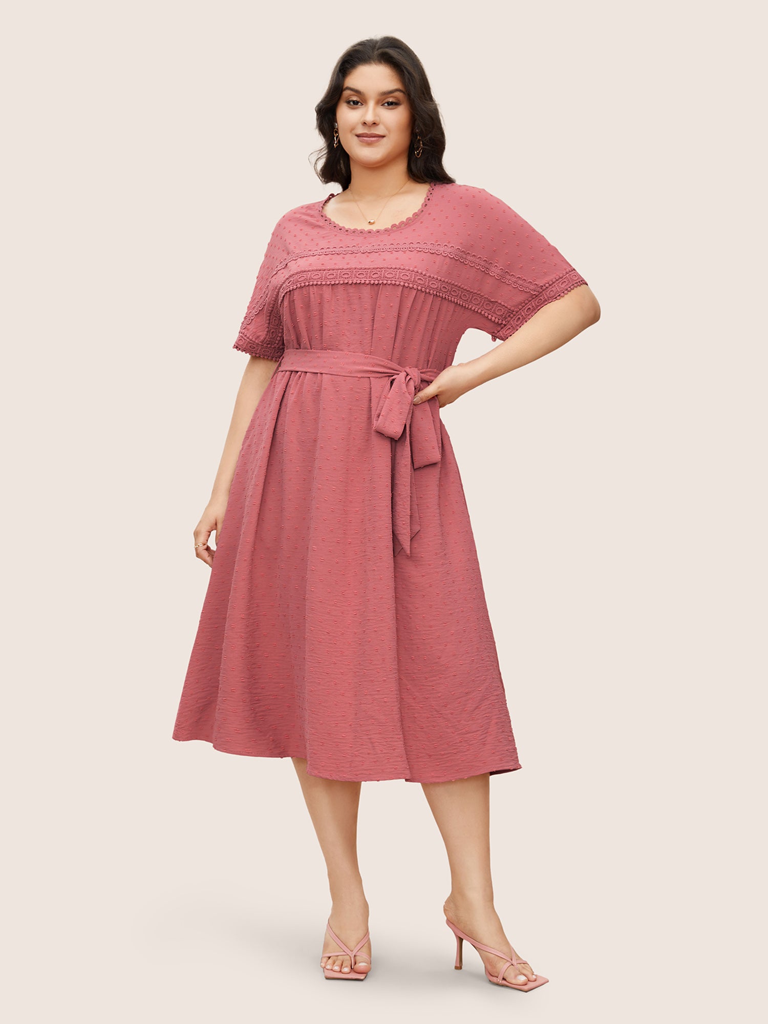 Plain Texture Lace Trim Dolman Sleeve Belted Dress